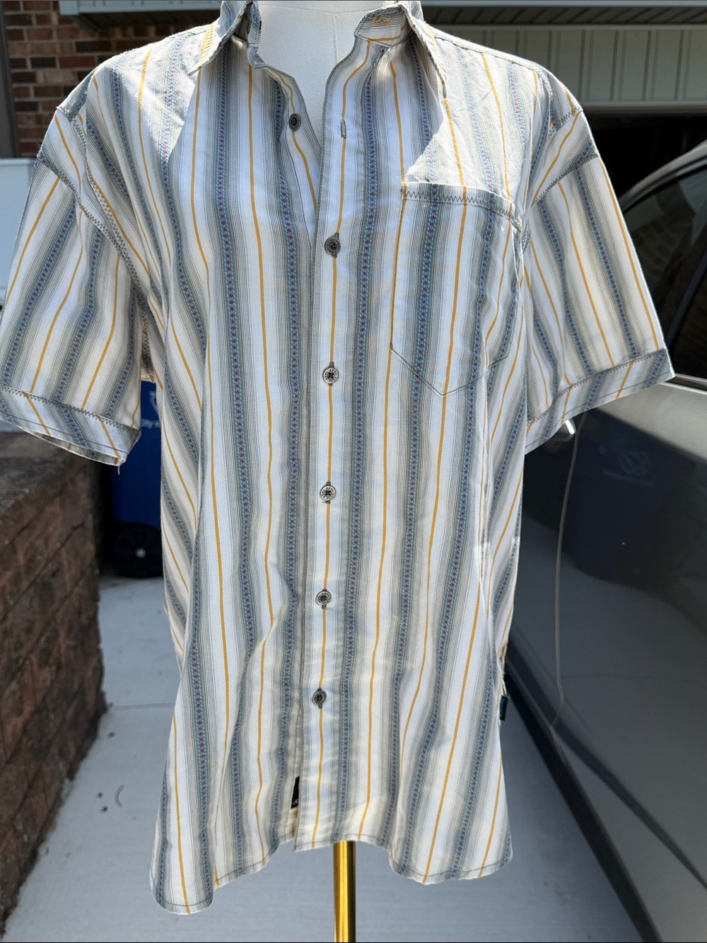 Kuhl Men's Short Sleeve Button-Down Shirt in White, Yellow, and Blue Stripes